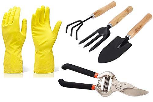 DeoDap Gardening Tools - Reusable Rubber Gloves, Pruners Scissor(Flower Cutter) & Garden Tool Wooden Handle (3pcs-Hand Cultivator, Small Trowel, Garden Fork)