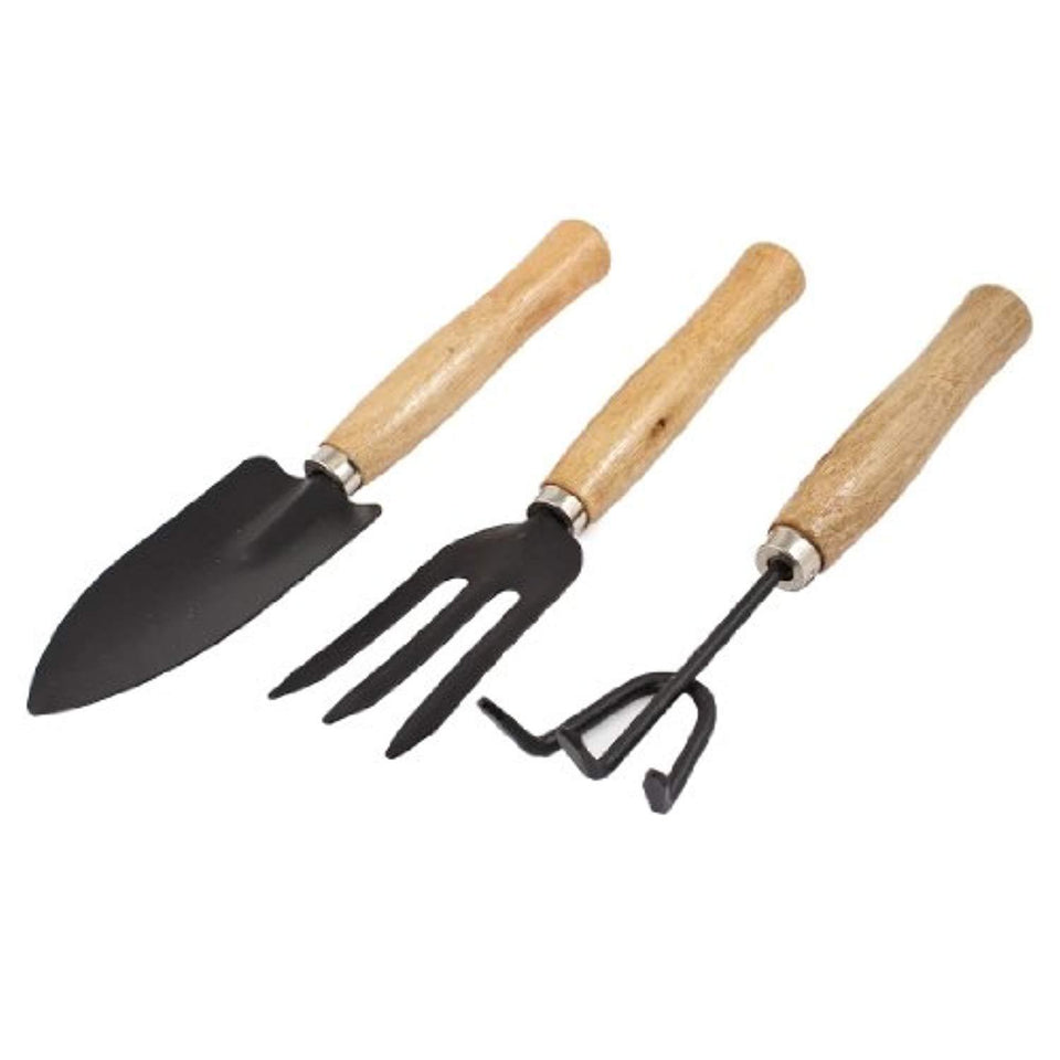 DeoDap Gardening Tools - Falcon Gloves, Flower Cutter/Scissor & Garden Tool Wooden Handle (3pcs-Hand Cultivator, Small Trowel, Garden Fork)