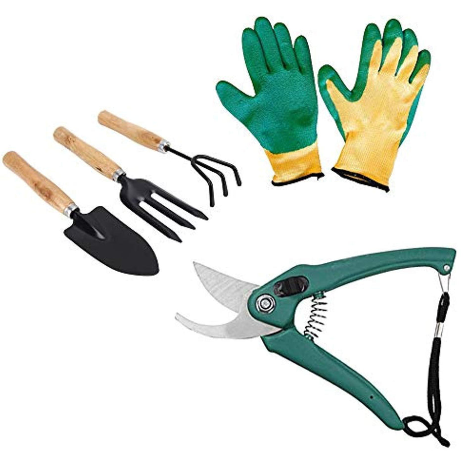 DeoDap Gardening Tools - Falcon Gloves, Flower Cutter/Scissor & Garden Tool Wooden Handle (3pcs-Hand Cultivator, Small Trowel, Garden Fork)