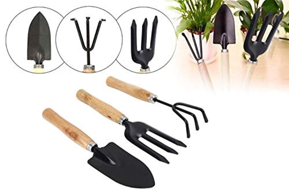 DeoDap Gardening Tools - Falcon Gloves, Flower Cutter/Scissor & Garden Tool Wooden Handle (3pcs-Hand Cultivator, Small Trowel, Garden Fork)