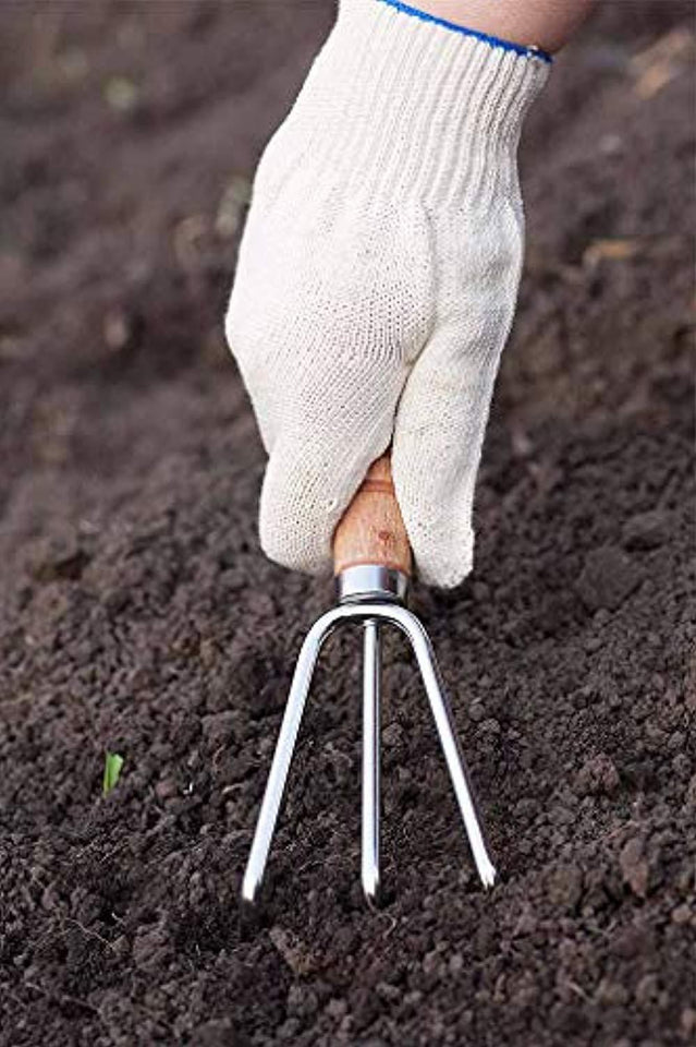 DeoDap Gardening Tools - Falcon Gloves, Flower Cutter/Scissor & Garden Tool Wooden Handle (3pcs-Hand Cultivator, Small Trowel, Garden Fork)