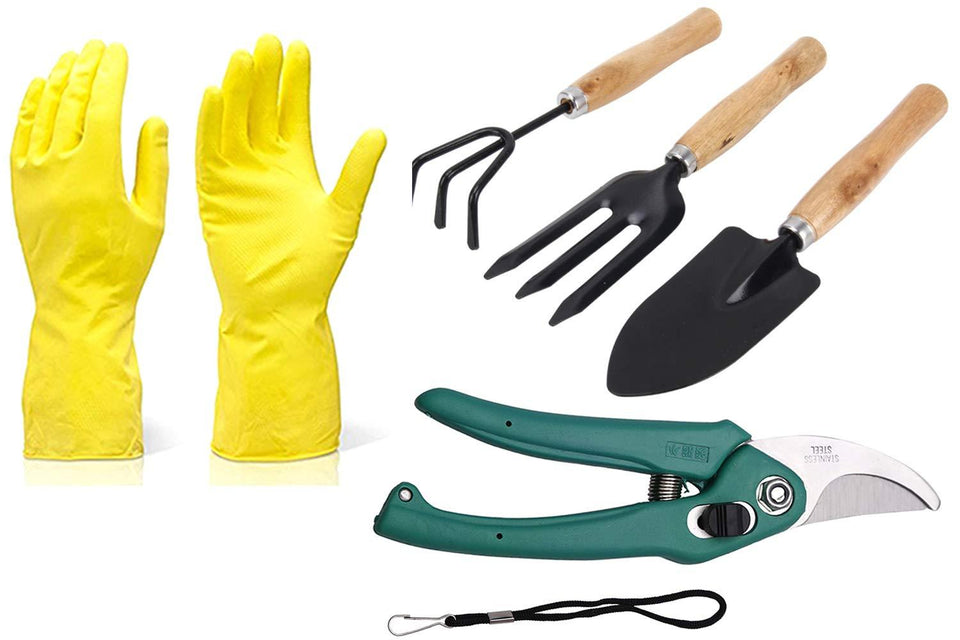 DeoDap Gardening Tools - Reusable Rubber Gloves, Flower Cutter & Garden Tool Wooden Handle (3pcs-Hand Cultivator, Small Trowel, Garden Fork)